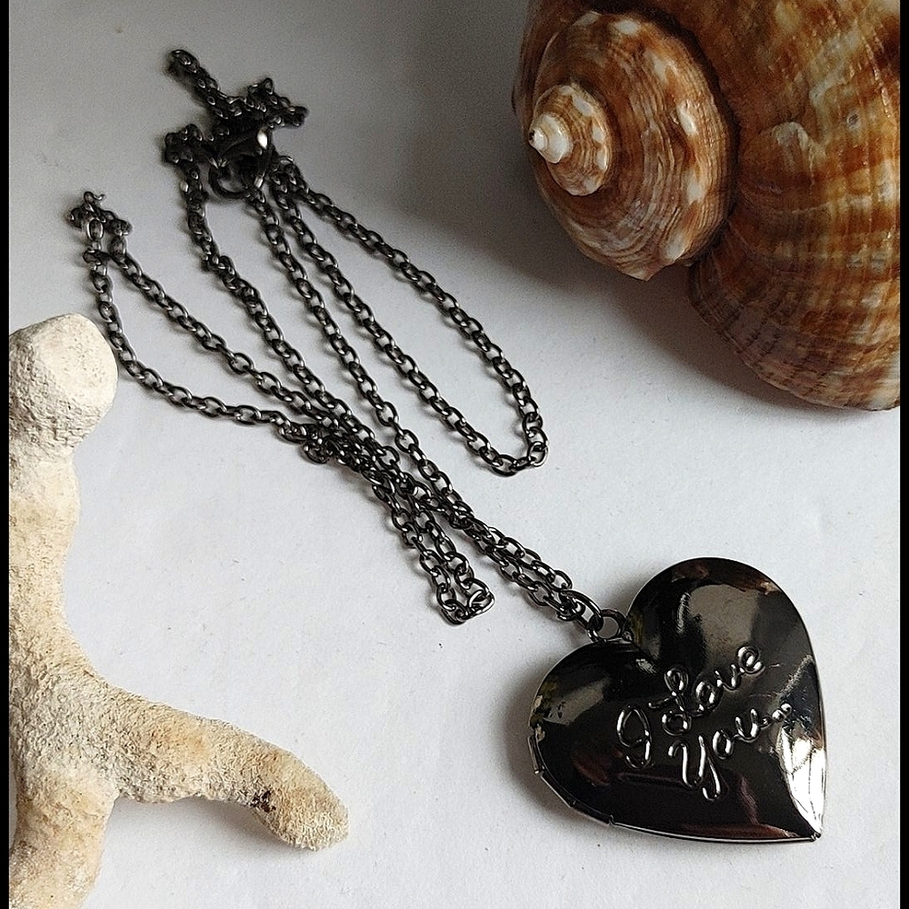 Silver Gunmetal I Love You Heart Locket Necklace